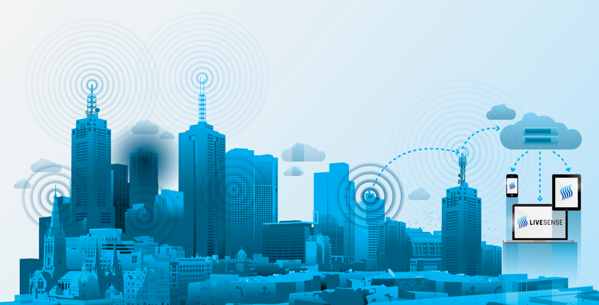 LiveSense illustration of sensors connecting city buildings and mobile devices to a cloud platform